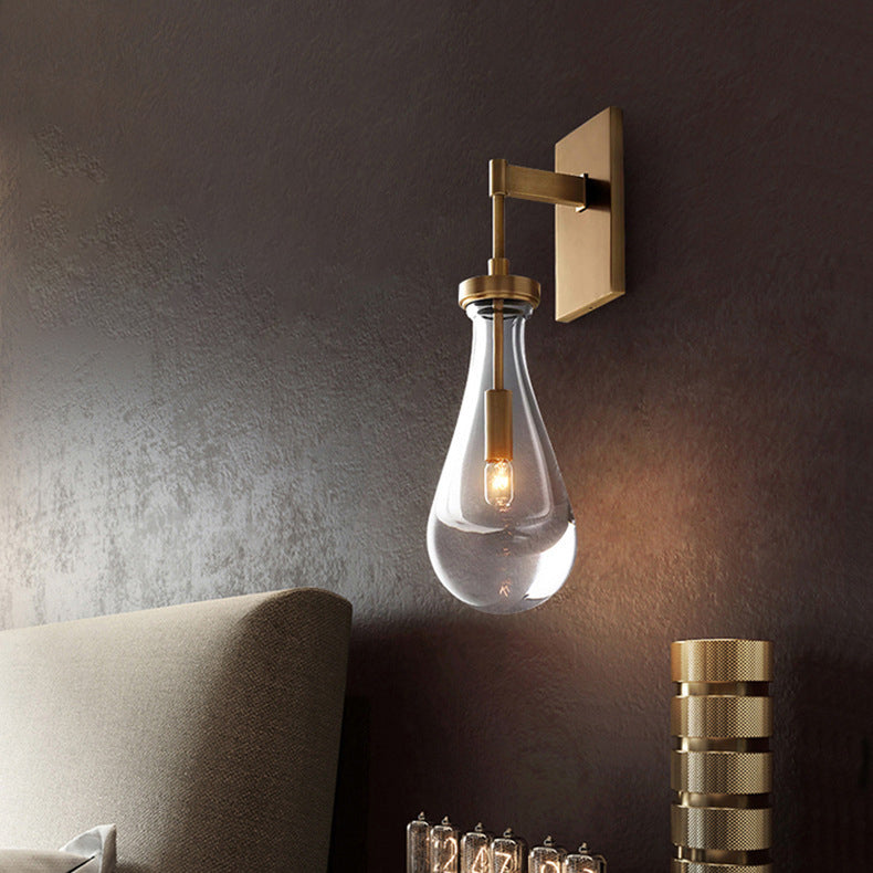 Teardrop-Shaped Glass Brass Living Wall Lamp