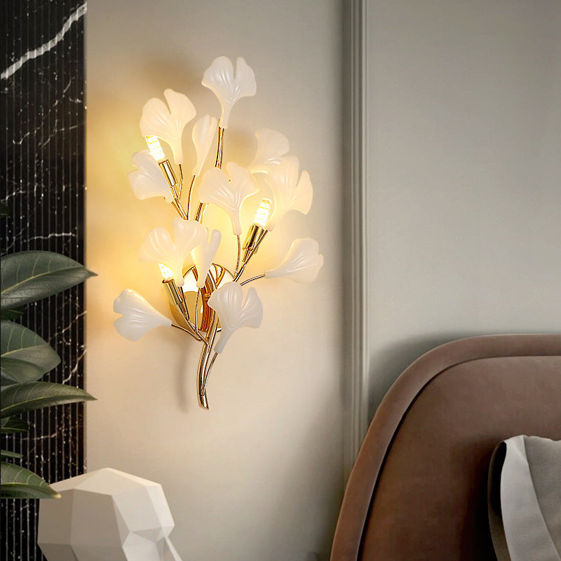 Ceramic Ginkgo Biloba Bedroom 2-Light Wall Lamp