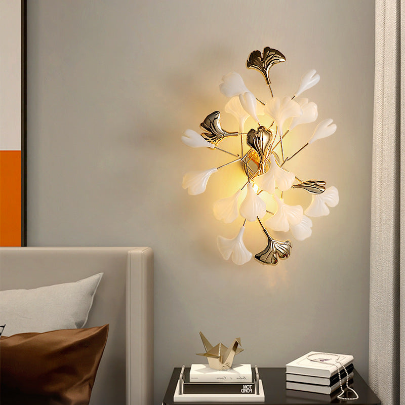 Ceramic Ginkgo Biloba Bedroom 2-Light Wall Lamp