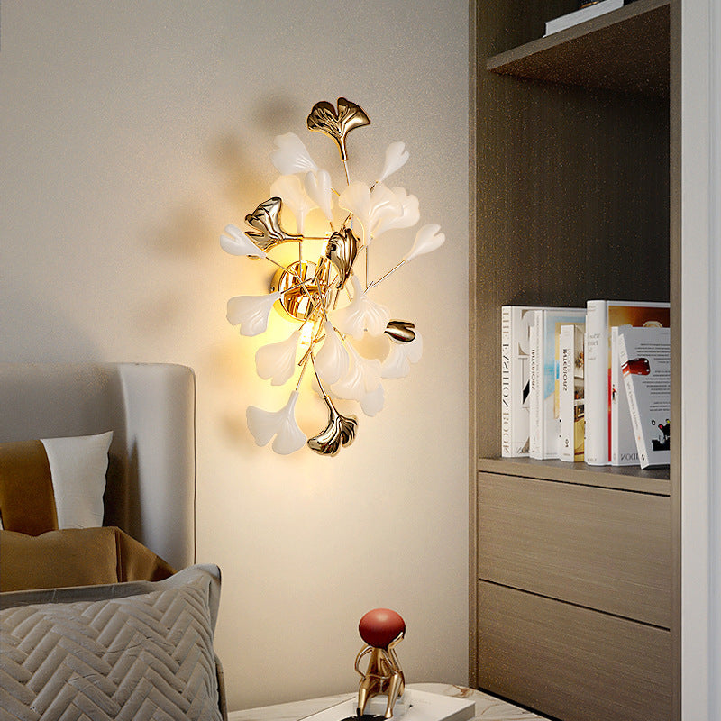 Ceramic Ginkgo Biloba Bedroom 2-Light Wall Lamp