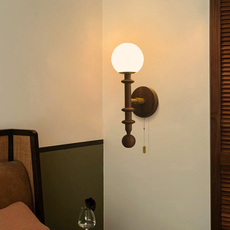 Wood Glass Sphere Bedroom Wall Lamp
