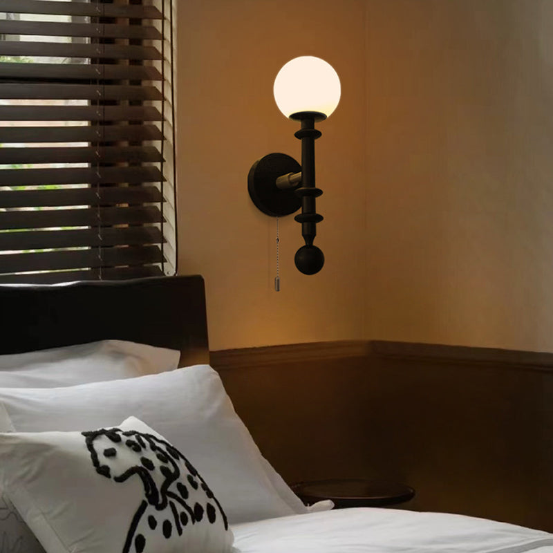 Wood Glass Sphere Bedroom Wall Lamp