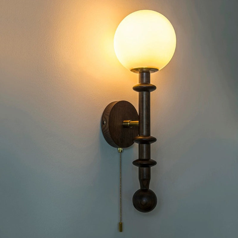 Wood Glass Sphere Bedroom Wall Lamp