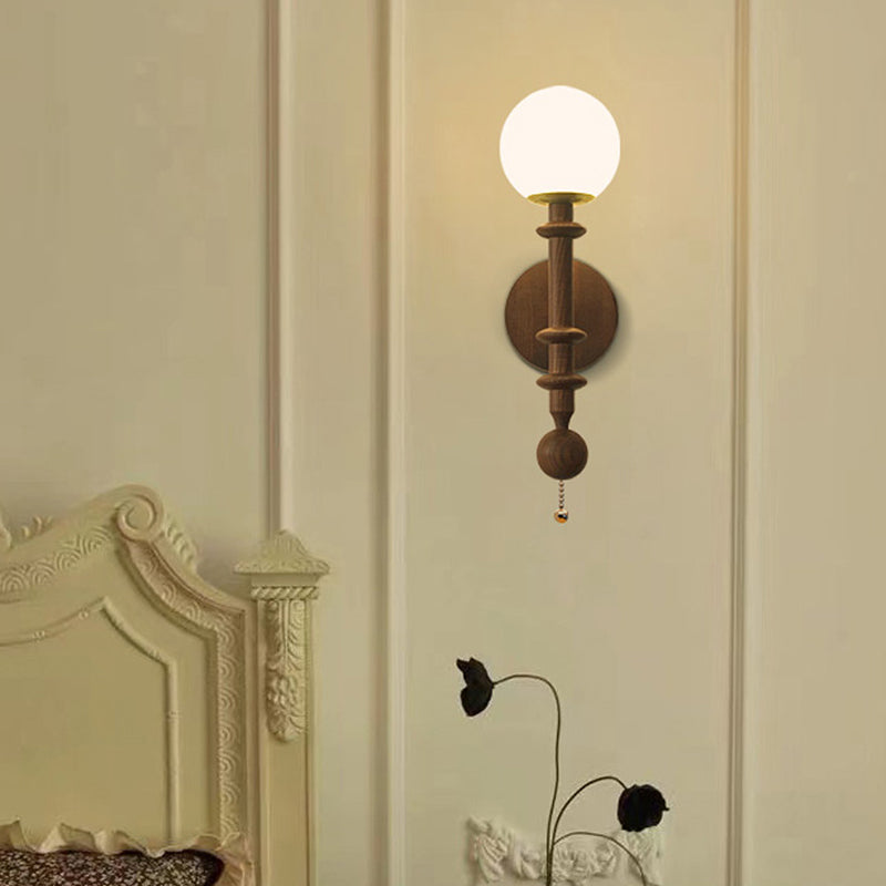 Wood Glass Sphere Bedroom Wall Lamp
