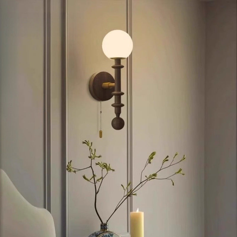 Wood Glass Sphere Bedroom Wall Lamp