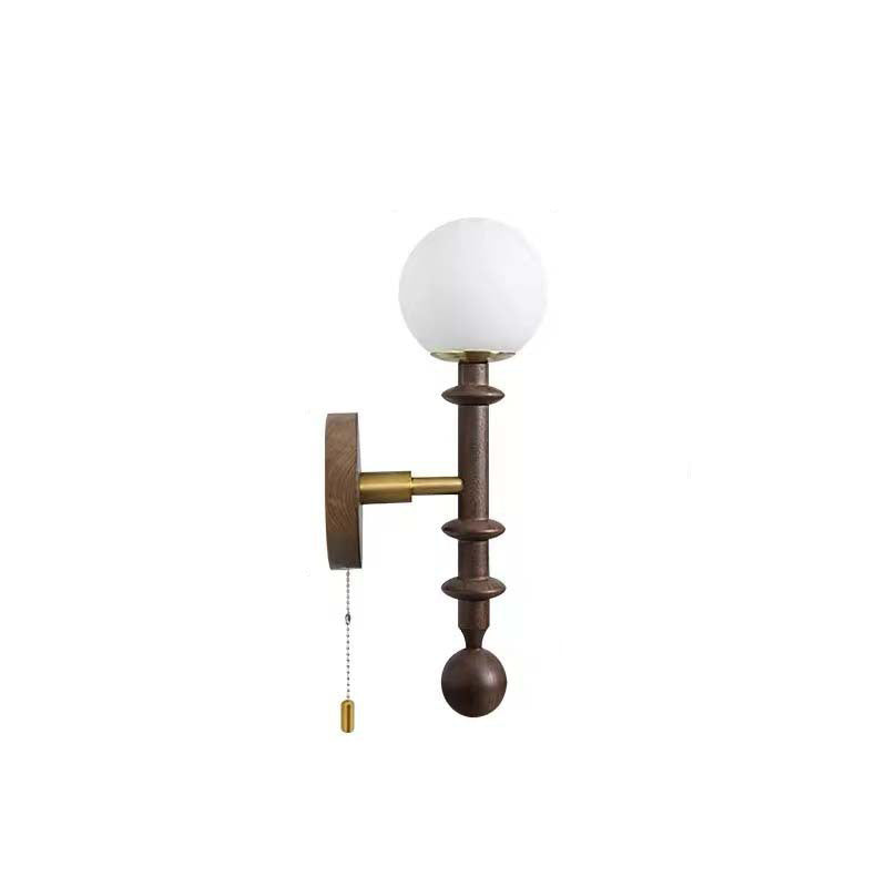 Wood Glass Sphere Bedroom Wall Lamp
