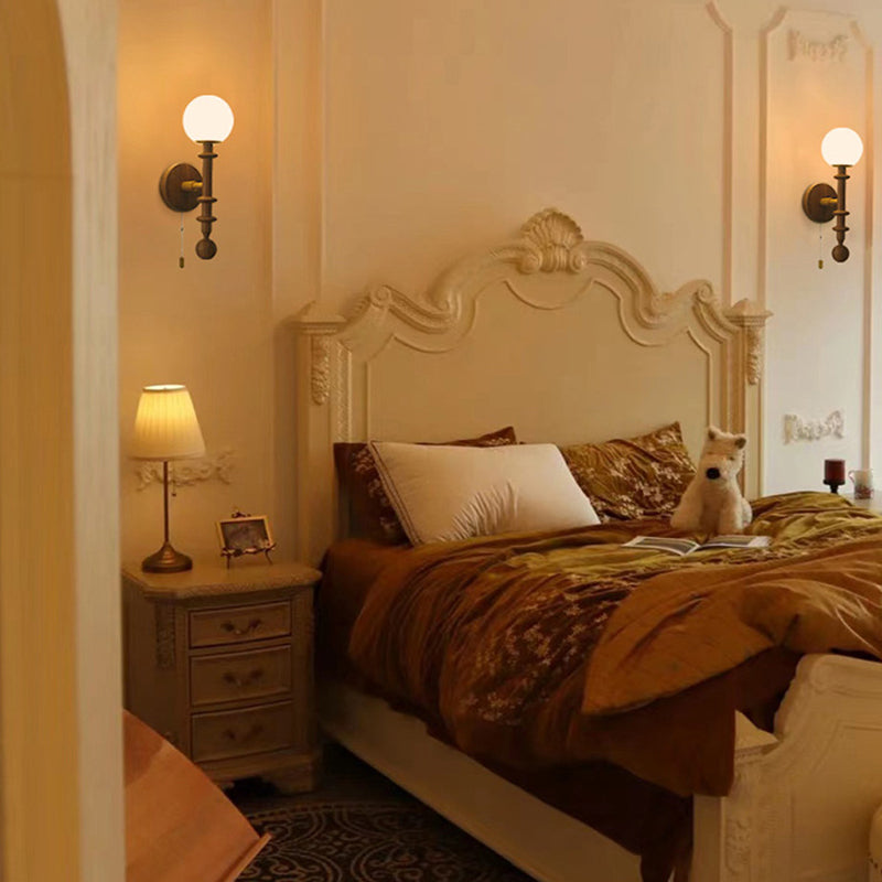 Wood Glass Sphere Bedroom Wall Lamp