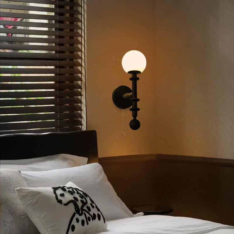 Wood Glass Sphere Bedroom Wall Lamp