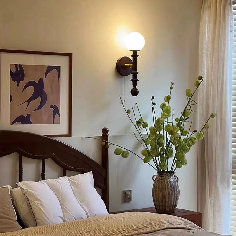 Wood Glass Sphere Bedroom Wall Lamp