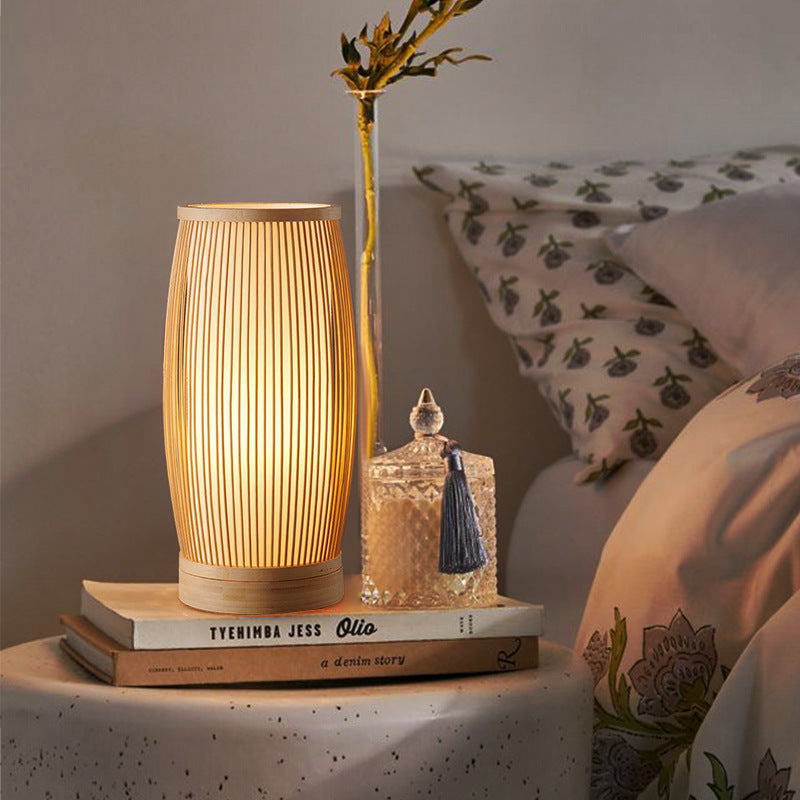 Cylinder Bamboo Wood Bedroom Table Lamp