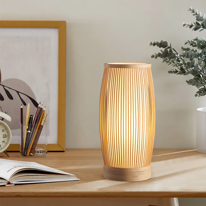 Cylinder Bamboo Wood Bedroom Table Lamp