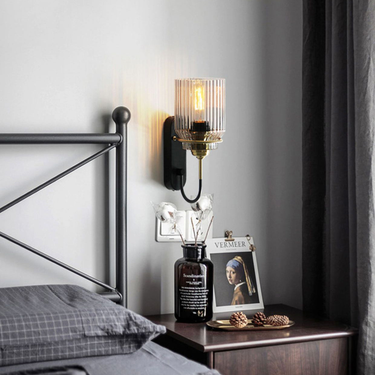 Cylinder Iron Glass Bedroom Wall Lamp