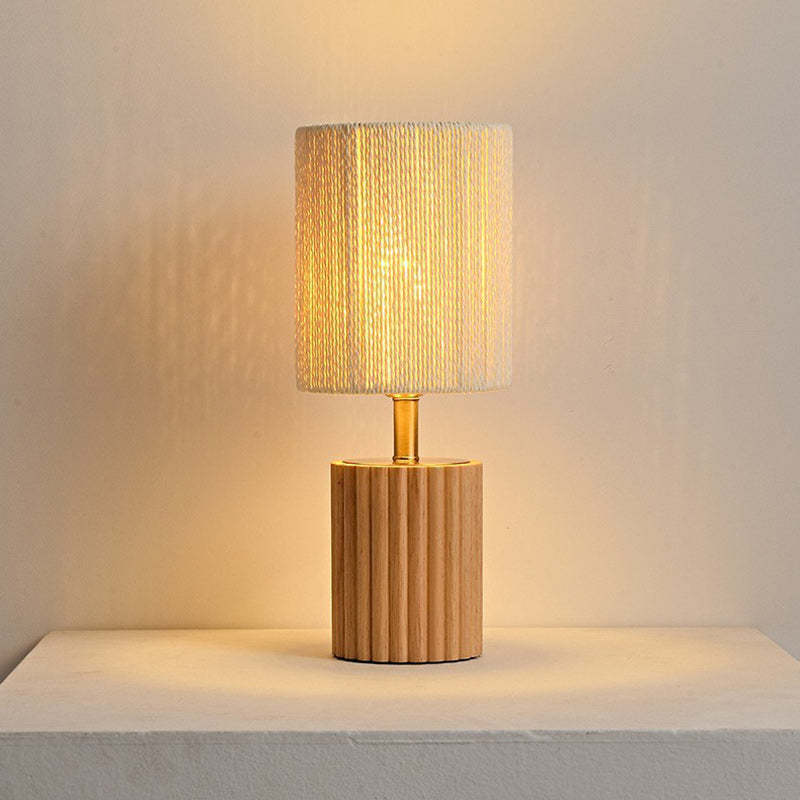 Cylinder Rubberwood Paper Rope Table Lamp