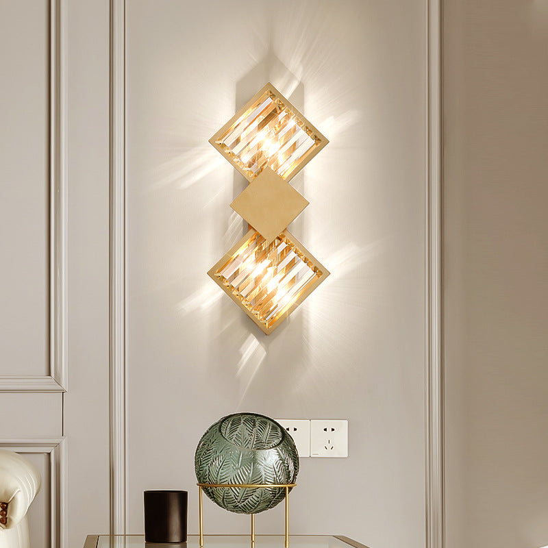 Square Frame Metal Crystal 2-Light Wall Lamp