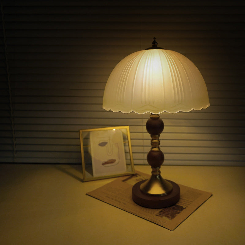 Dome Glass Rubberwood Iron Table Lamp