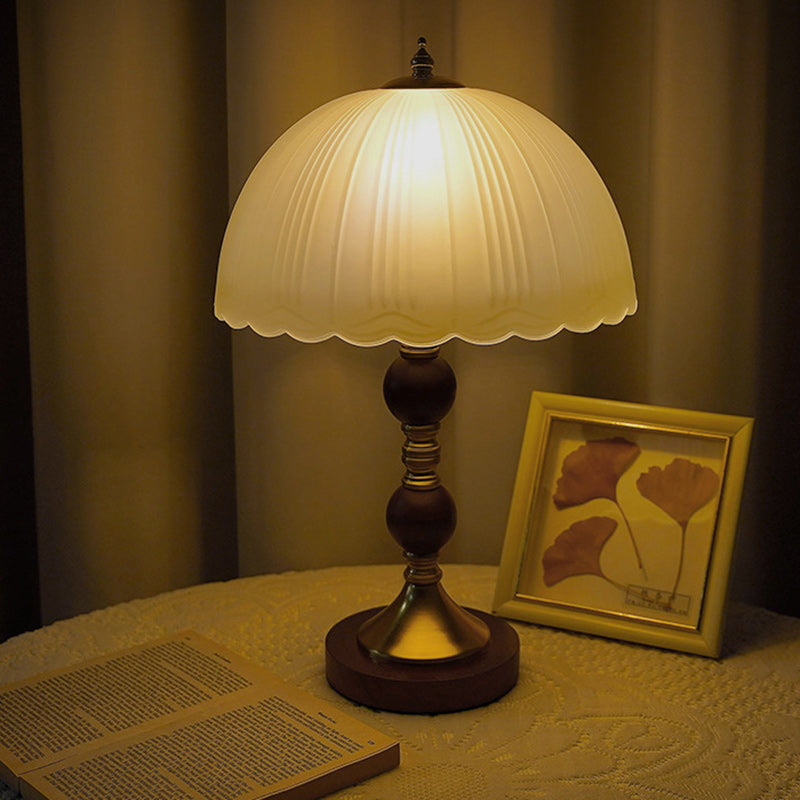 Dome Glass Rubberwood Iron Table Lamp