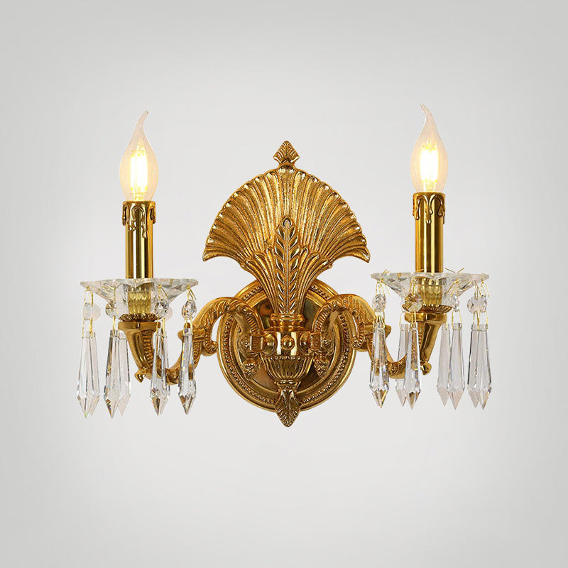 Candle-Shaped Full Brass Crystal 2-Light Wall Lamp