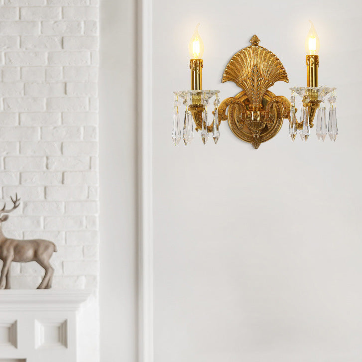 Candle-Shaped Full Brass Crystal 2-Light Wall Lamp