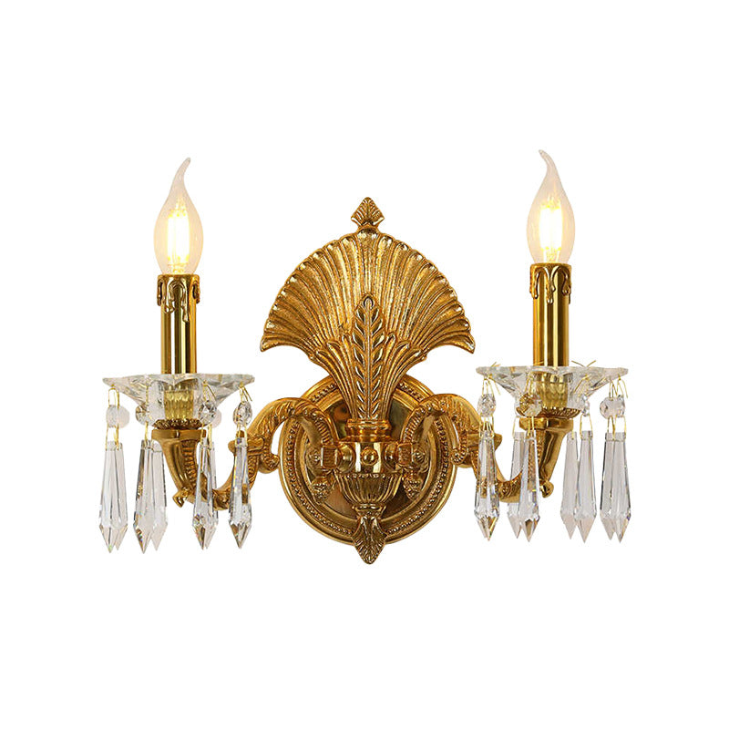 Candle-Shaped Full Brass Crystal 2-Light Wall Lamp