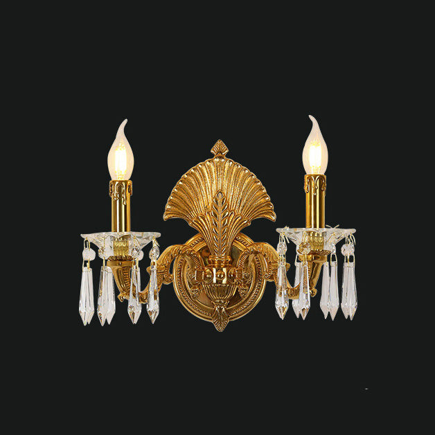 Candle-Shaped Full Brass Crystal 2-Light Wall Lamp