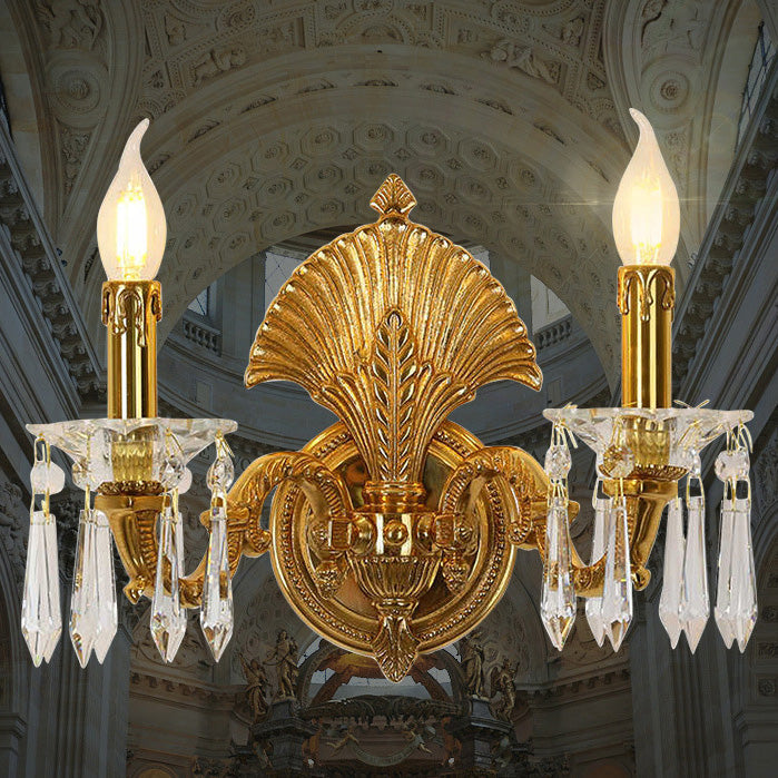 Candle-Shaped Full Brass Crystal 2-Light Wall Lamp