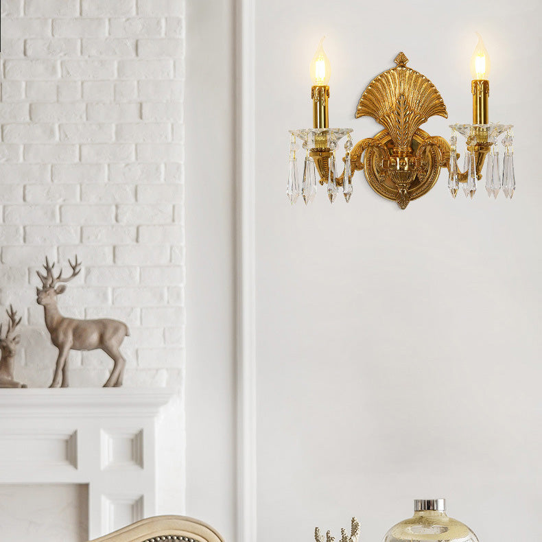 Candle-Shaped Full Brass Crystal 2-Light Wall Lamp