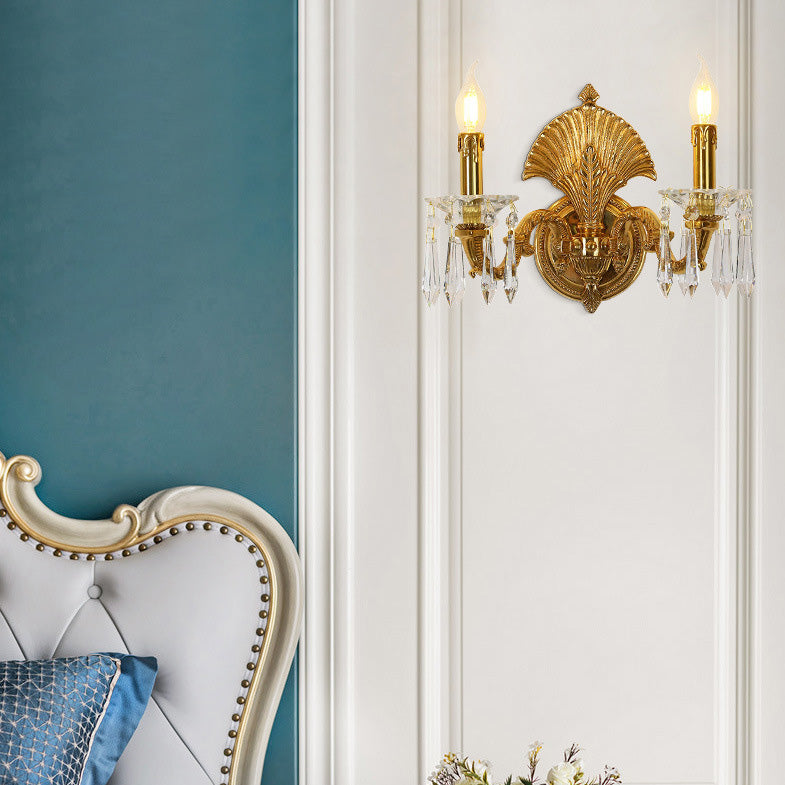 Candle-Shaped Full Brass Crystal 2-Light Wall Lamp