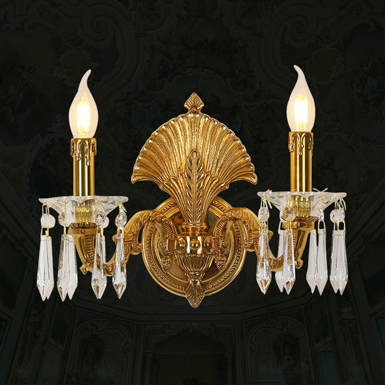 Candle-Shaped Full Brass Crystal 2-Light Wall Lamp