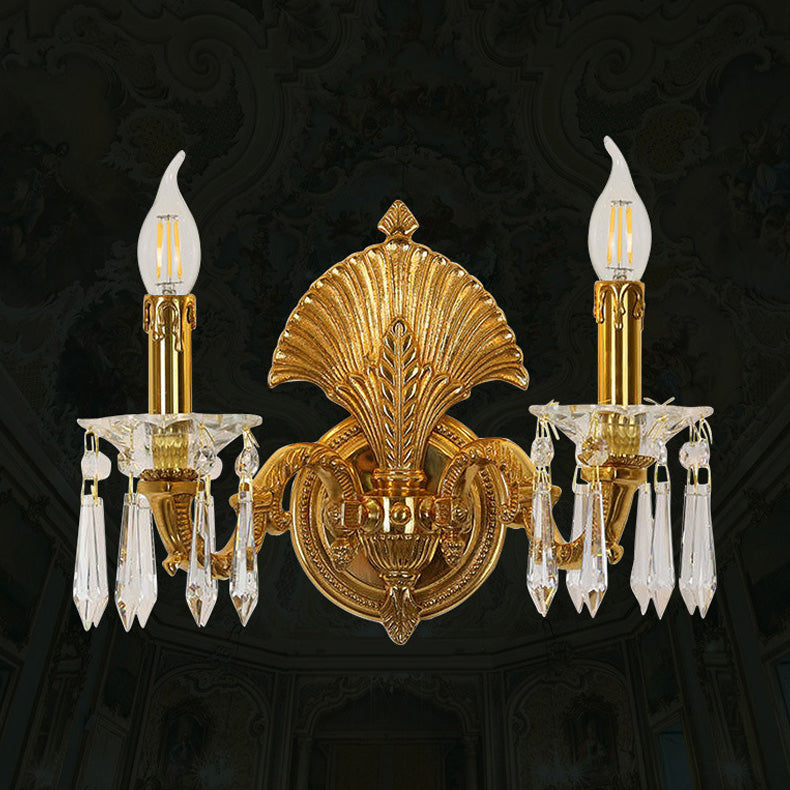 Candle-Shaped Full Brass Crystal 2-Light Wall Lamp