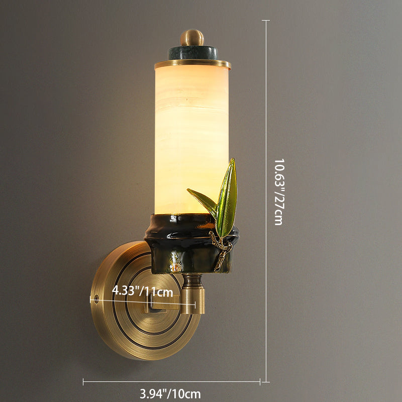 Cylindrical Brass Jade Entryway Wall Lamp