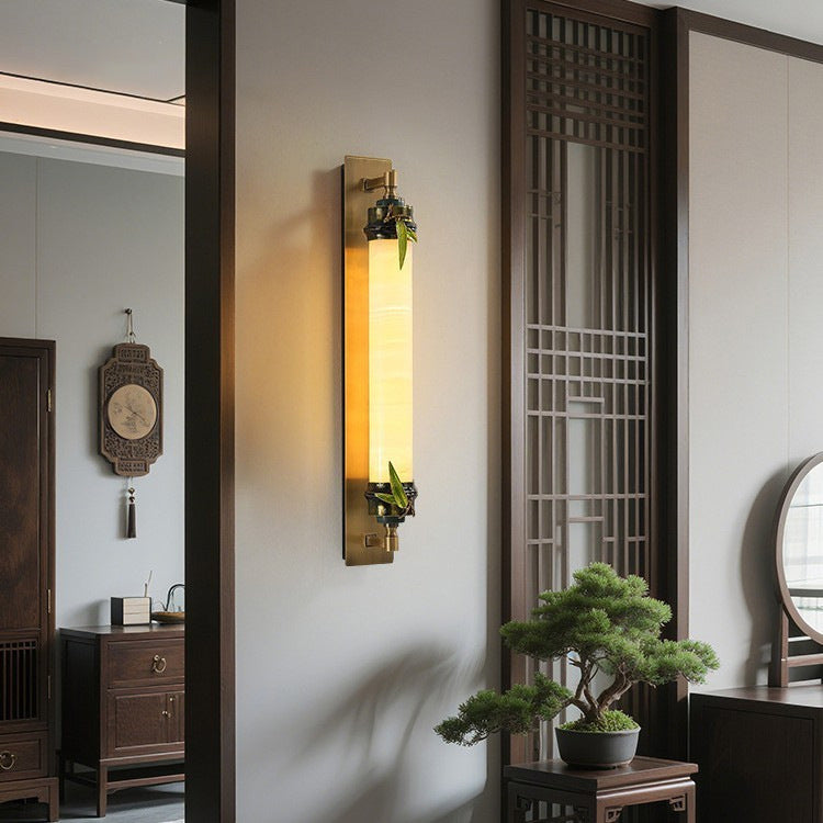 Cylindrical Brass Jade Entryway Wall Lamp