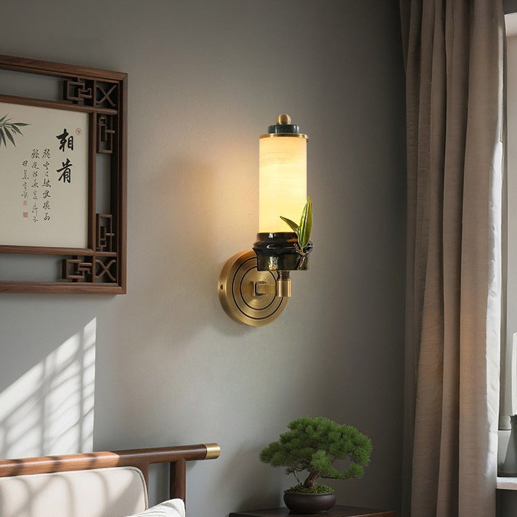Cylindrical Brass Jade Entryway Wall Lamp