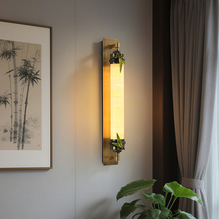 Cylindrical Brass Jade Entryway Wall Lamp