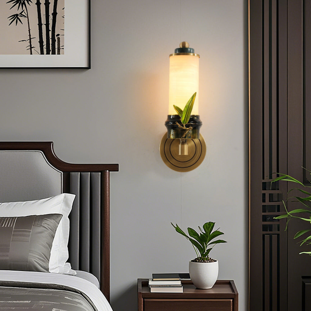 Cylindrical Brass Jade Entryway Wall Lamp