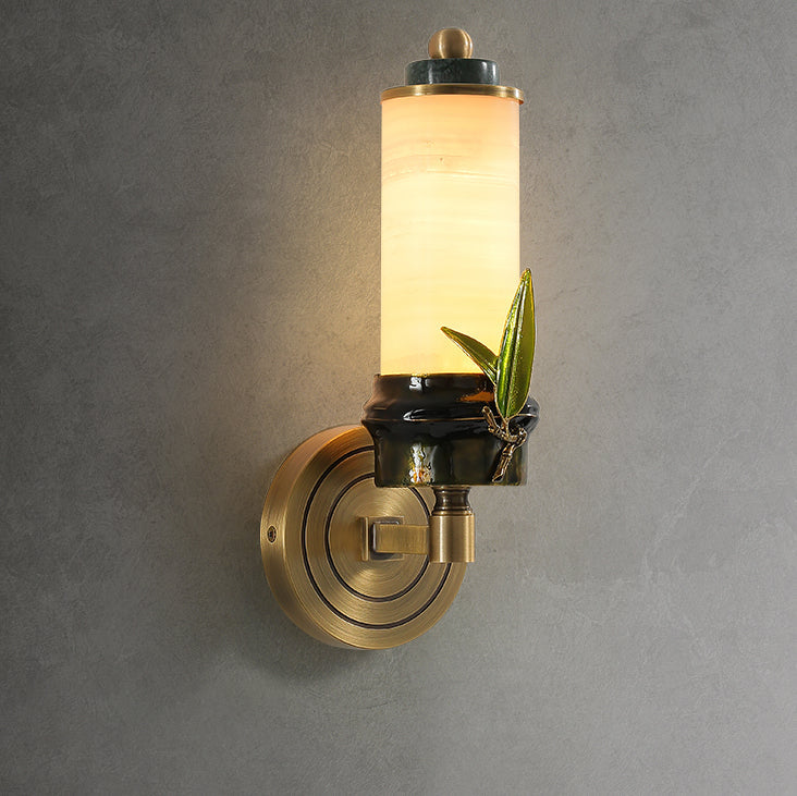 Cylindrical Brass Jade Entryway Wall Lamp