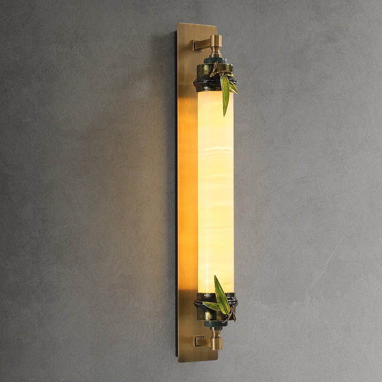 Cylindrical Brass Jade Entryway Wall Lamp