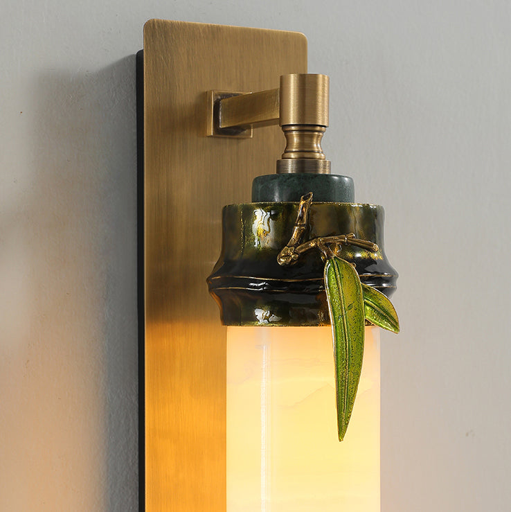 Cylindrical Brass Jade Entryway Wall Lamp