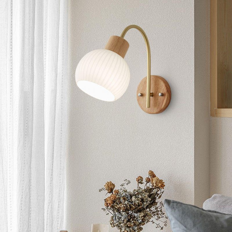 Geometric Rubberwood Glass Bedroom Wall Lamp