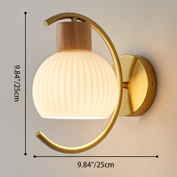 Geometric Rubberwood Glass Bedroom Wall Lamp