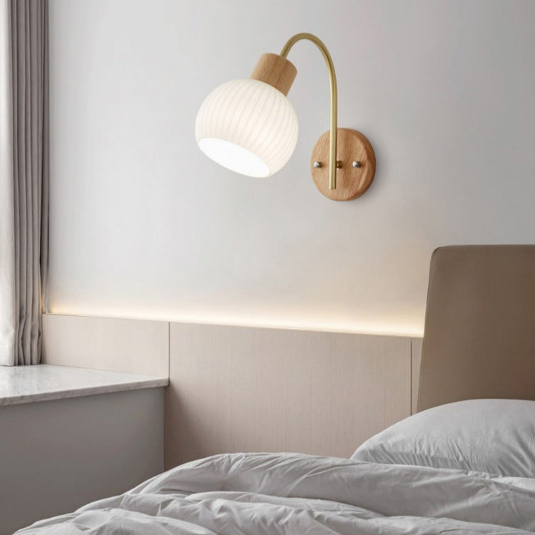 Geometric Rubberwood Glass Bedroom Wall Lamp