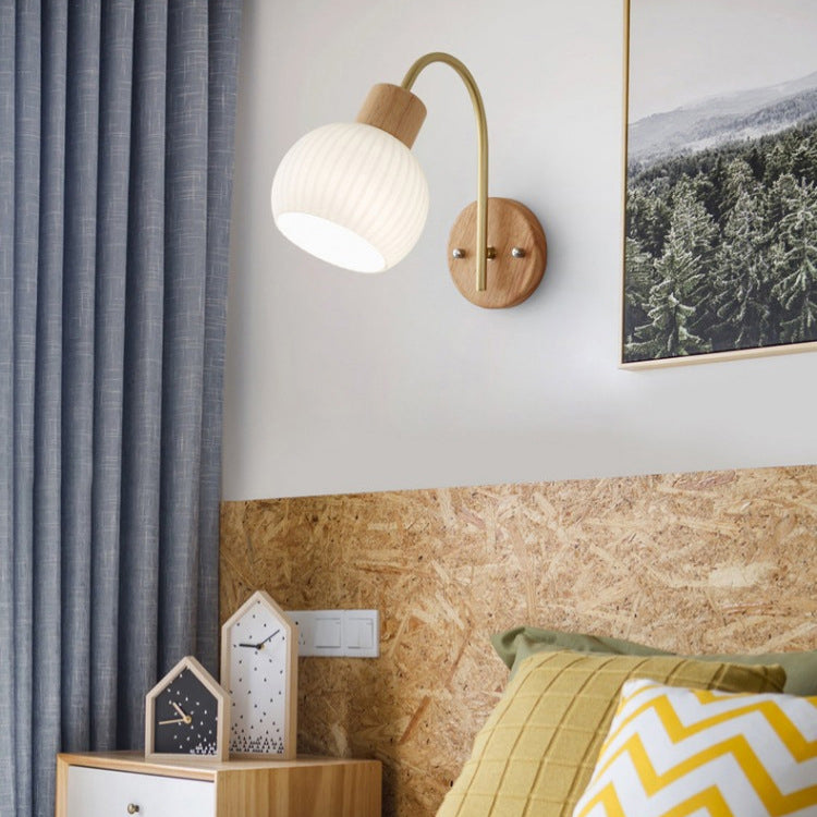 Geometric Rubberwood Glass Bedroom Wall Lamp