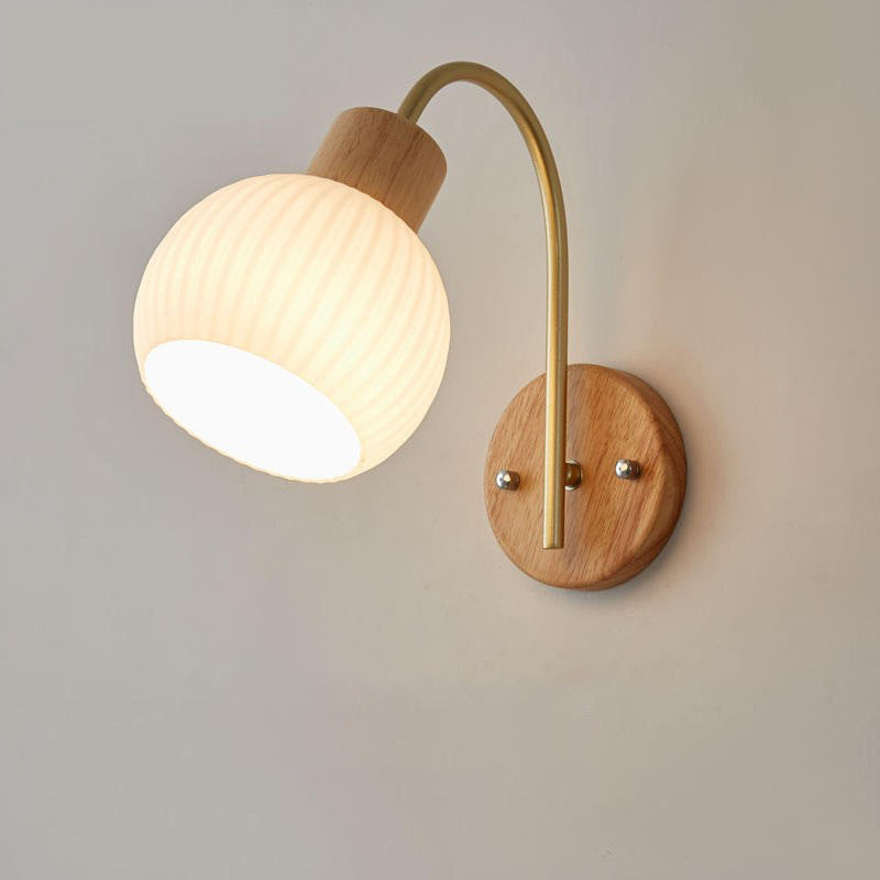 Geometric Rubberwood Glass Bedroom Wall Lamp