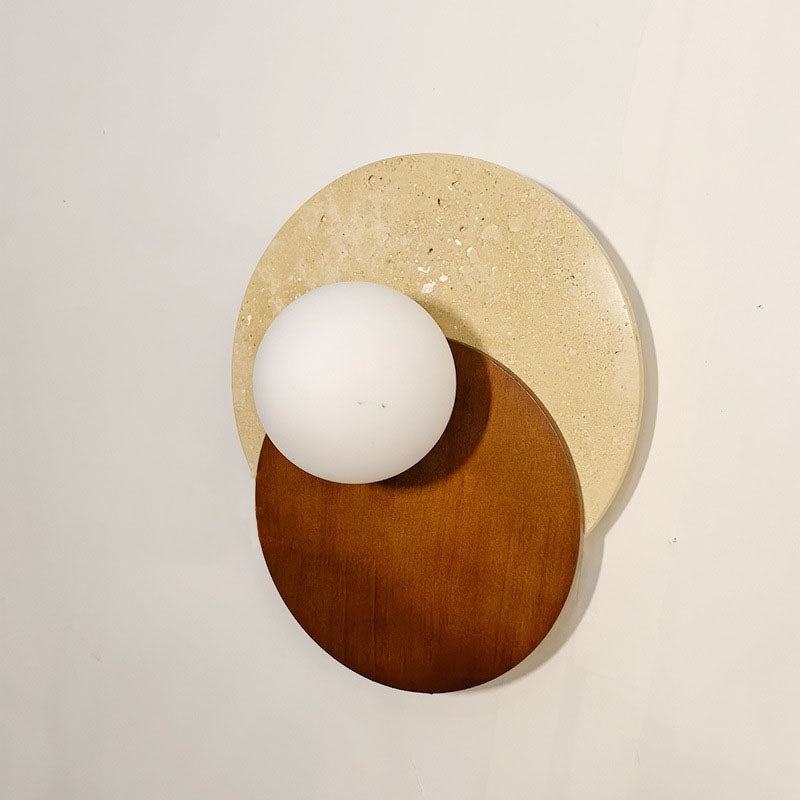 Travertine Glass Wood Round Wall Lamp