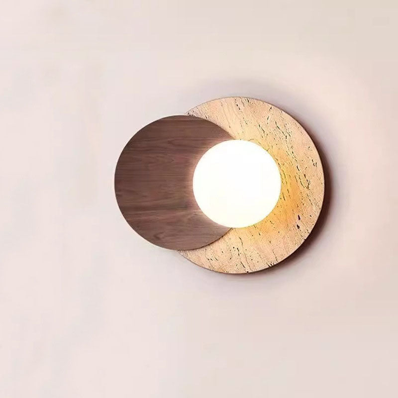 Travertine Glass Wood Round Wall Lamp