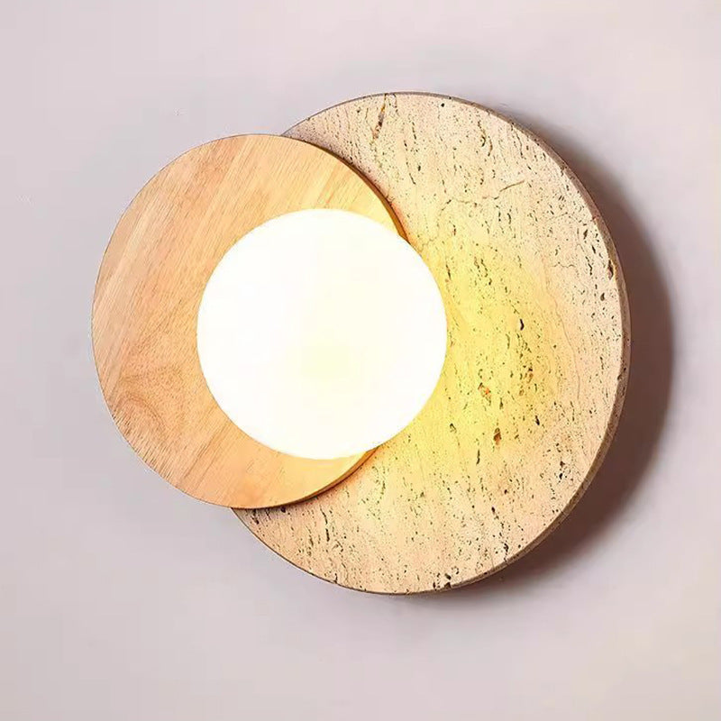 Travertine Glass Wood Round Wall Lamp