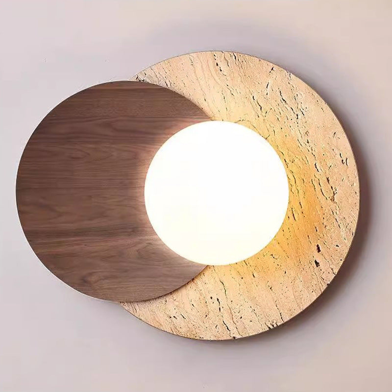 Travertine Glass Wood Round Wall Lamp