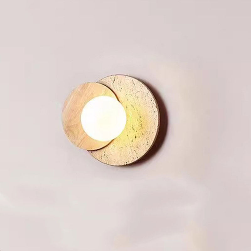 Travertine Glass Wood Round Wall Lamp