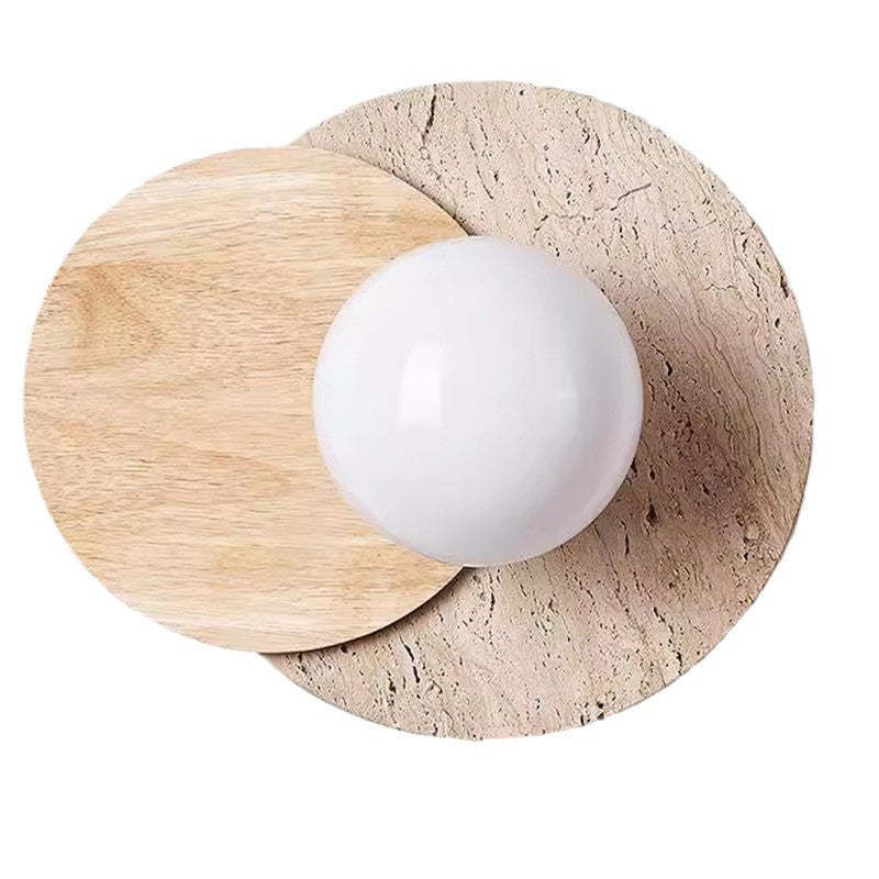 Travertine Glass Wood Round Wall Lamp