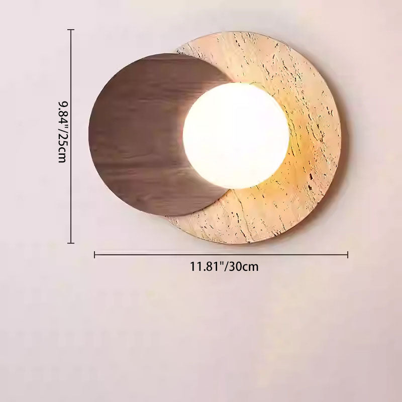 Travertine Glass Wood Round Wall Lamp