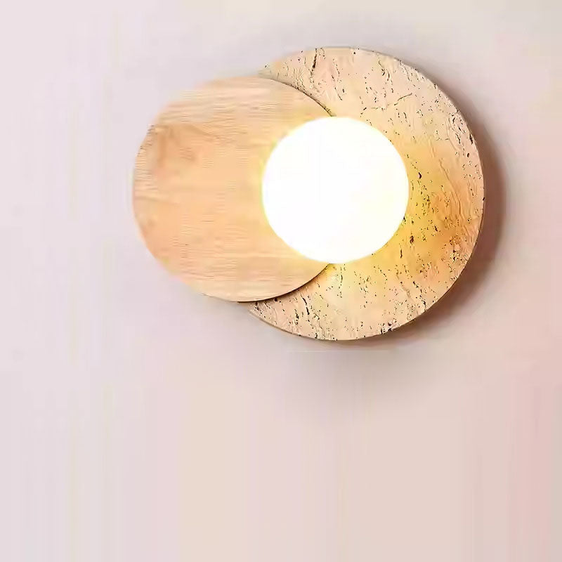 Travertine Glass Wood Round Wall Lamp
